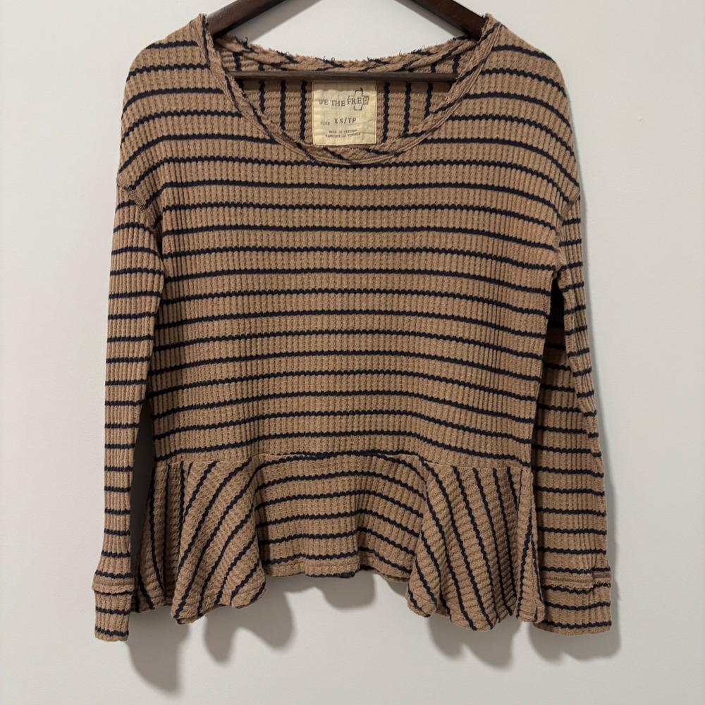 We The Free Free People Tan Navy Striped Waffle Knit Peplum Thermal Top XS